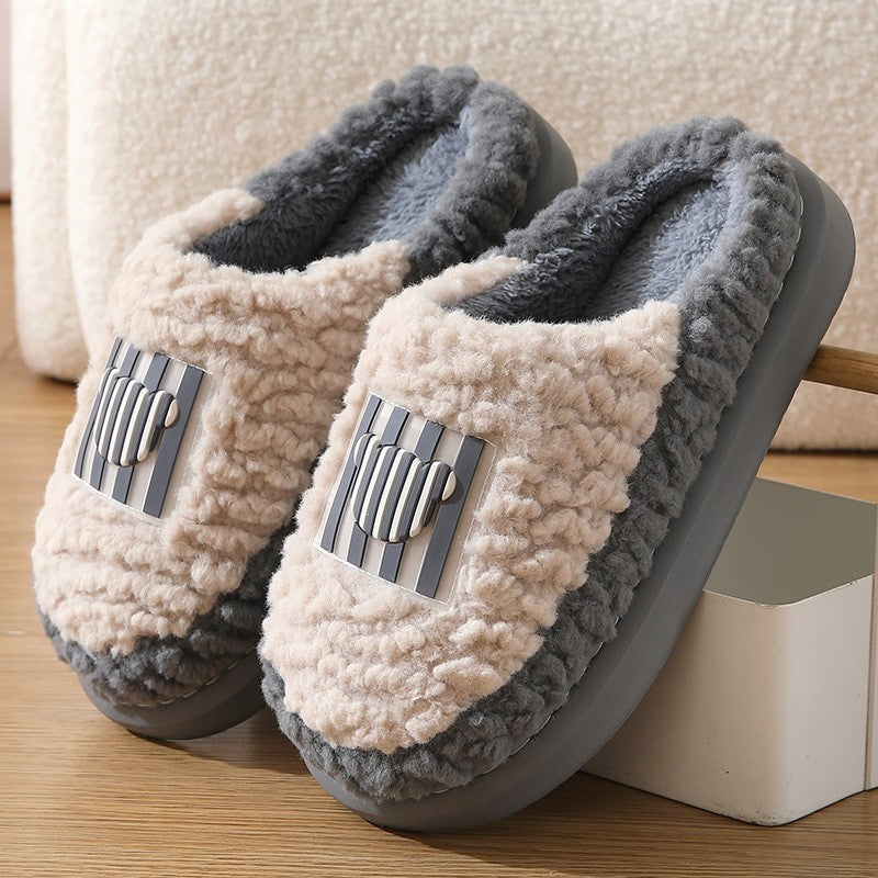 New Color-matching Lamb Slippers Indoor Couple Non-slip Floor Bedroom Slipper Winter Warm House Shoes For Women Men - Nyaabs