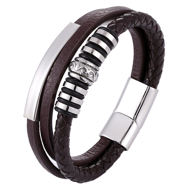 Stainless Steel Leather Bracelet Men Hand Woven - Nyaabs