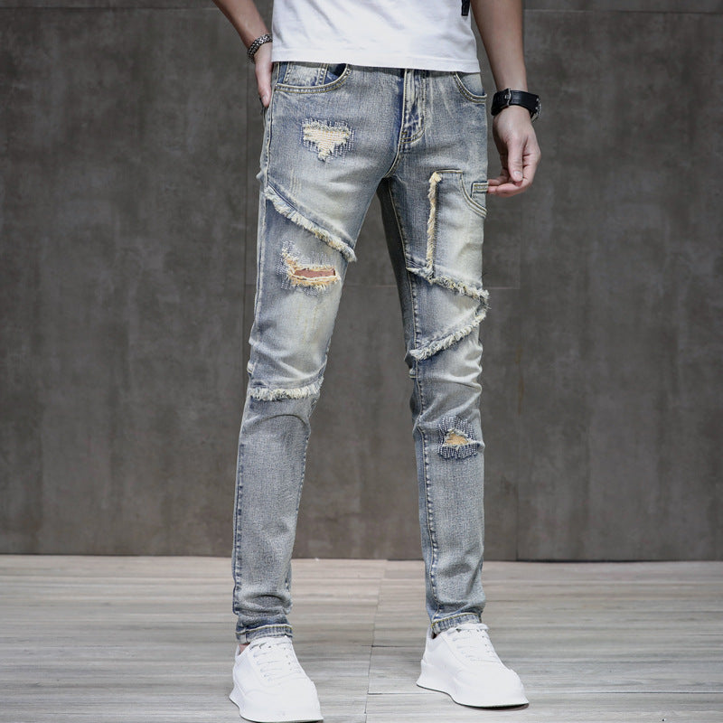 Distressed Raw Hem Ripped Stitching Stretch Denim Trousers - Nyaabs