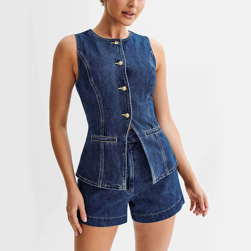 Fashion Denim Suit Summer Casual Sleeveless Button Vest Top And High Waist Shorts Set For Womens Clothing - Nyaabs