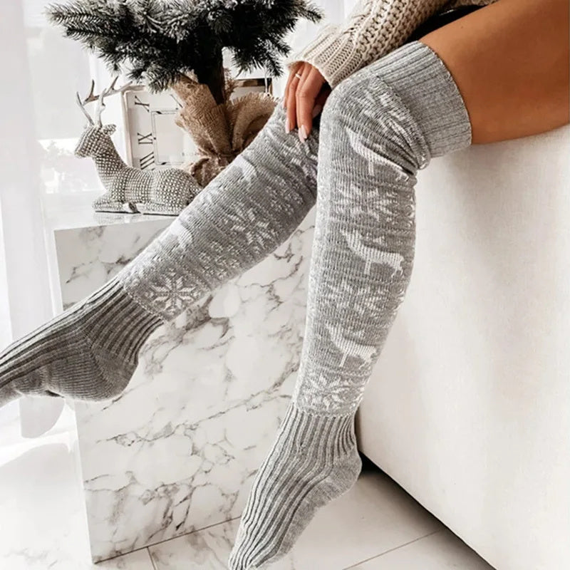 Winter Christmas Warm Knitted Women Stocking Beautiful Elk Snowflake Jacquard Over-the-knee Casual Long Socks For Ladies Gifts Free Size - Nyaabs