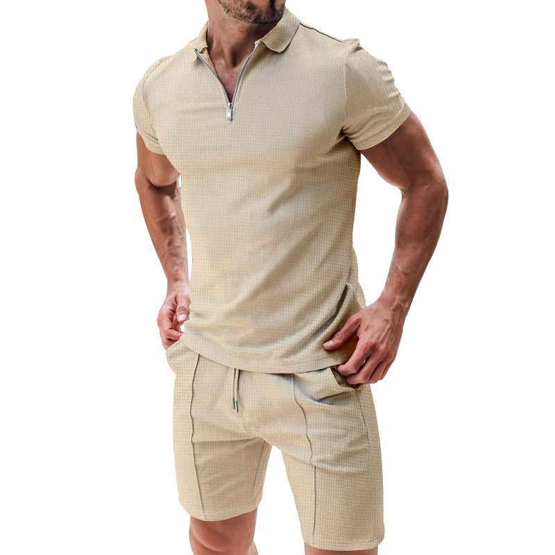 2Pcs Casual Waffle Suit Summer Zipper Lapel Short-sleeved Top And Drawstring Pockets Shorts Versatile Solid Color T-shirt Set For Mens Clothing - Nyaabs