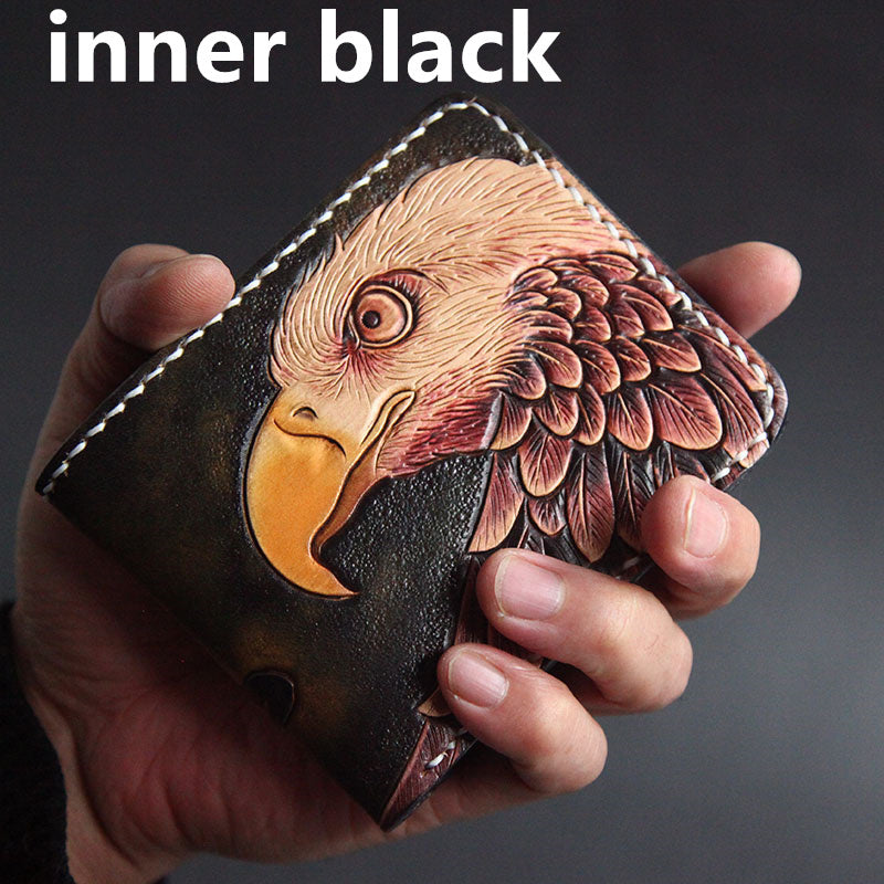 First Layer Cowhide Handmade Leather Carving Wallet Short Carp Couple Gift - Nyaabs