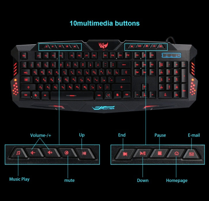 J10 tricolor backlight wired gaming keyboard set colorful luminous gaming mouse keyboard Russian keyboard - Nyaabs