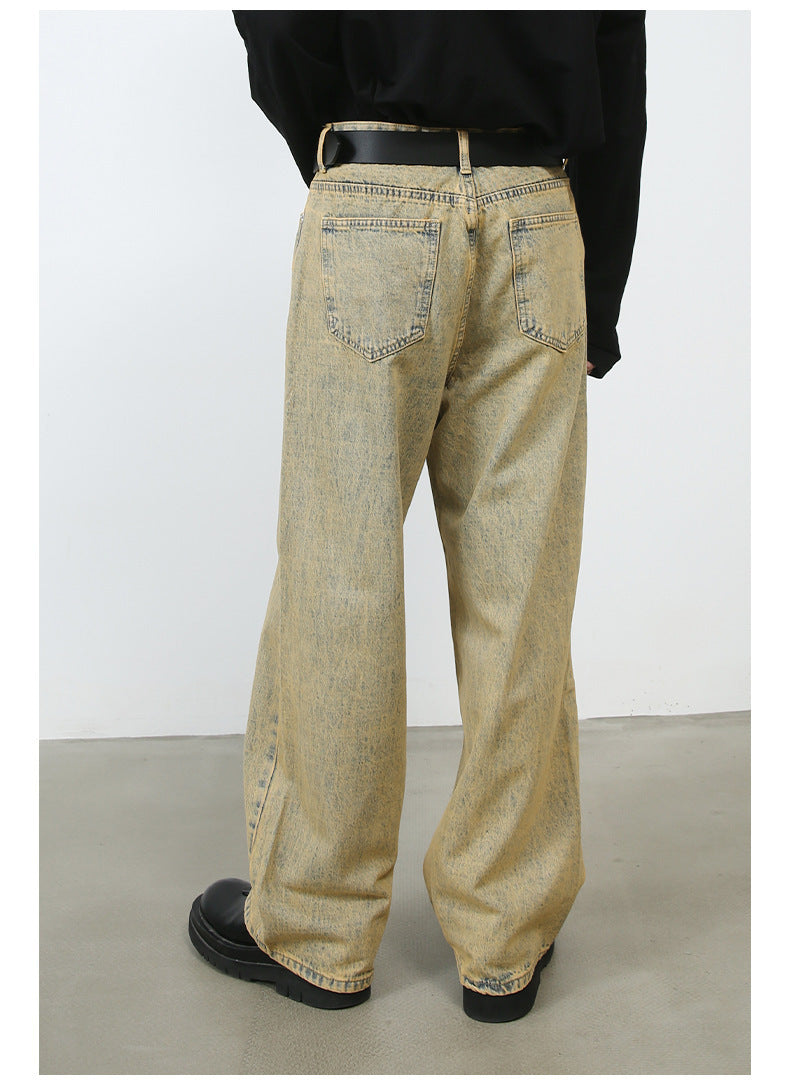 Washed Distressed Yellow Mud-color Straight Jeans - Nyaabs