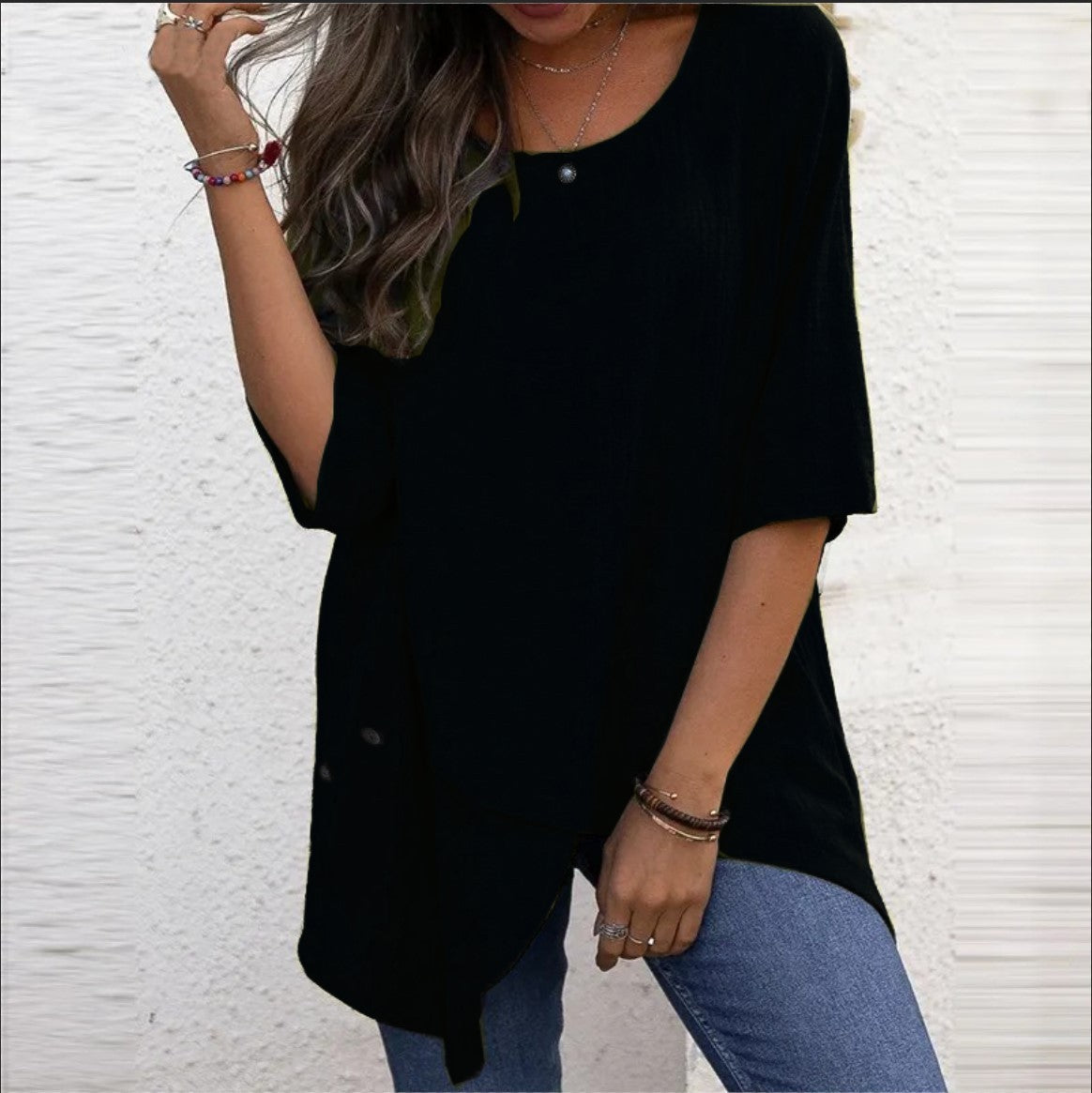 Cotton Linen Round-neck Irregular Shirt Half Sleeve Shirt - Nyaabs