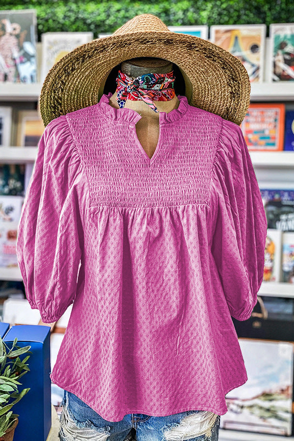 Bell Sleeve Gathers Cotton V-neck Gathers T-shirt - Nyaabs