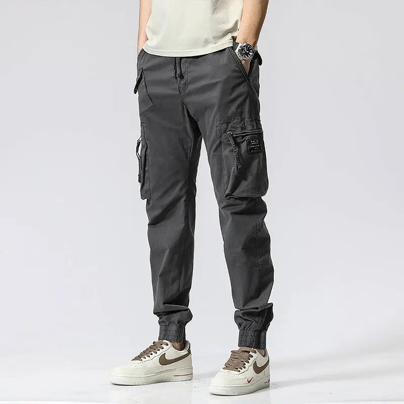 Casual Pants Trendy Brand Elastic Waist Men's Youth Simple Pure Cotton Multi-pocket Work Pants Trousers Ankle-tied - Nyaabs