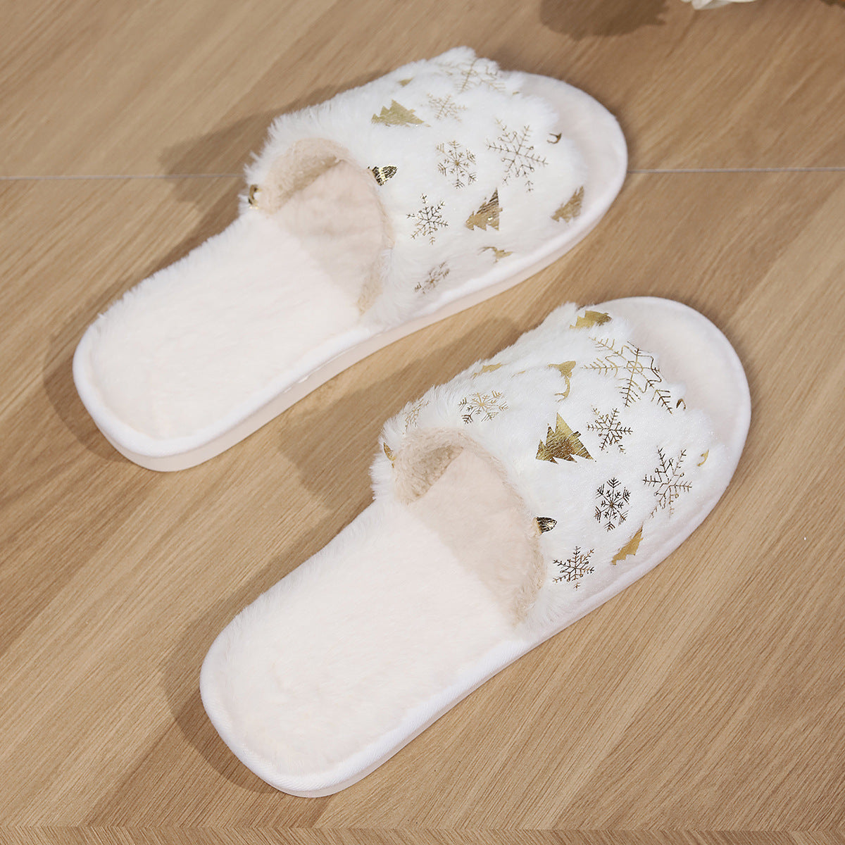 Christmas Plush Slippers Fashion Open-toed Home Slipper Indoor Warm Non-slip Floor Bedroom House Shoes For Couples Women Men - Nyaabs