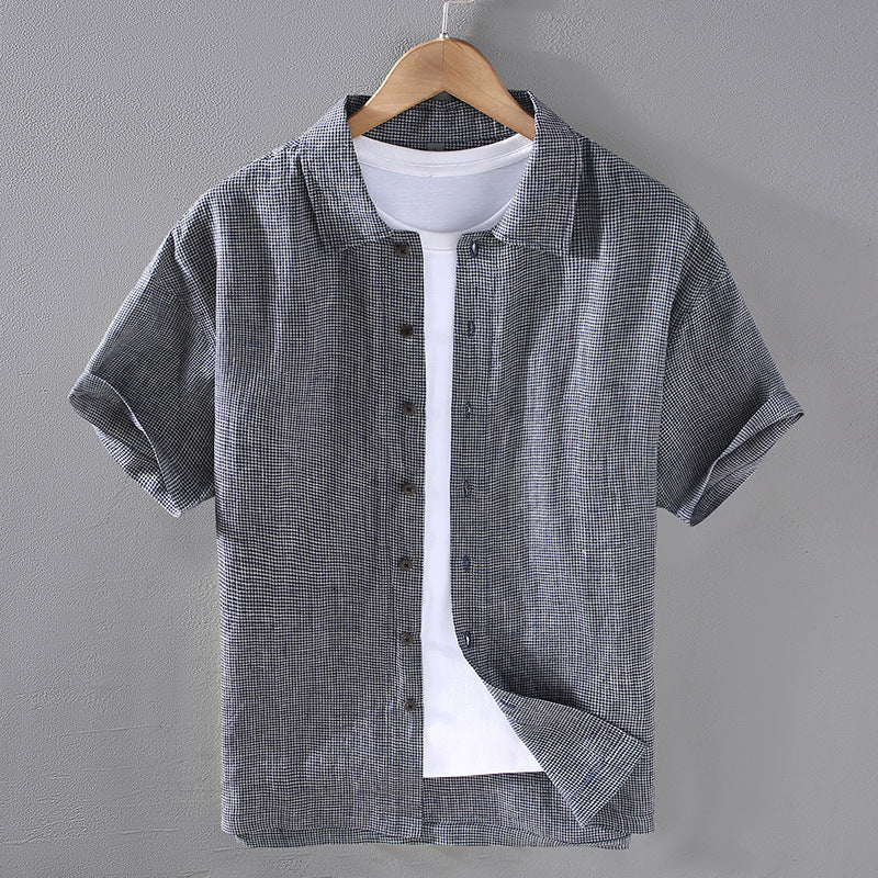 Men's Woven Fine Plaid Linen Short Sleeved Shirt - Nyaabs