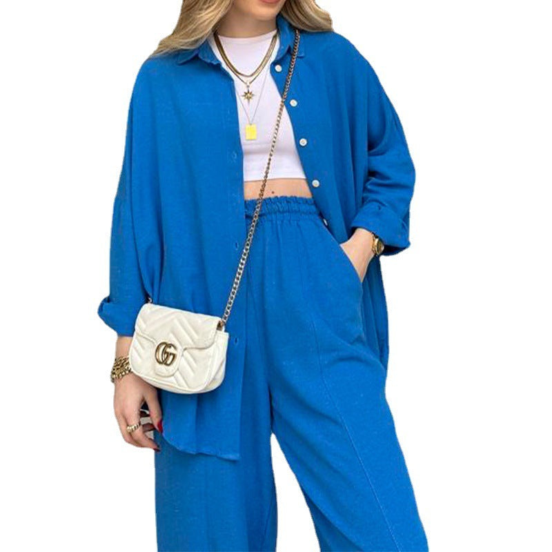 Independent Station Cross-border New Fashion Casual Suit Versatile Loose Shirt High Waist Skinny Pants Two-piece Set - Nyaabs