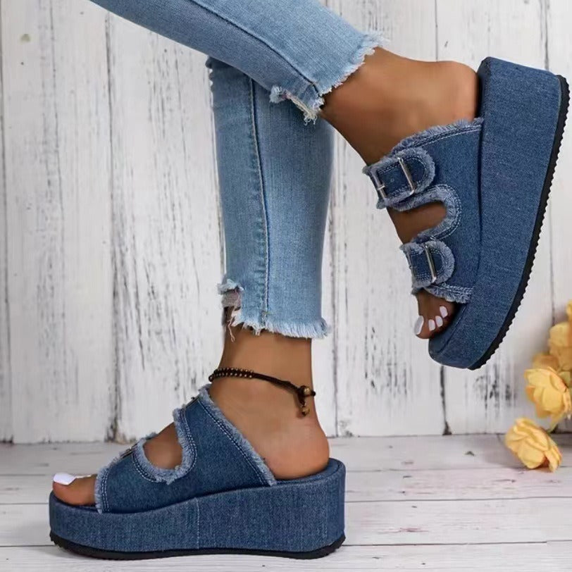 Fashion Denim Buckle Wedges Sandals Summer Outdoor High Heel Slippers Thick Bottom Camouflage Shoes For Women nyaabs.com