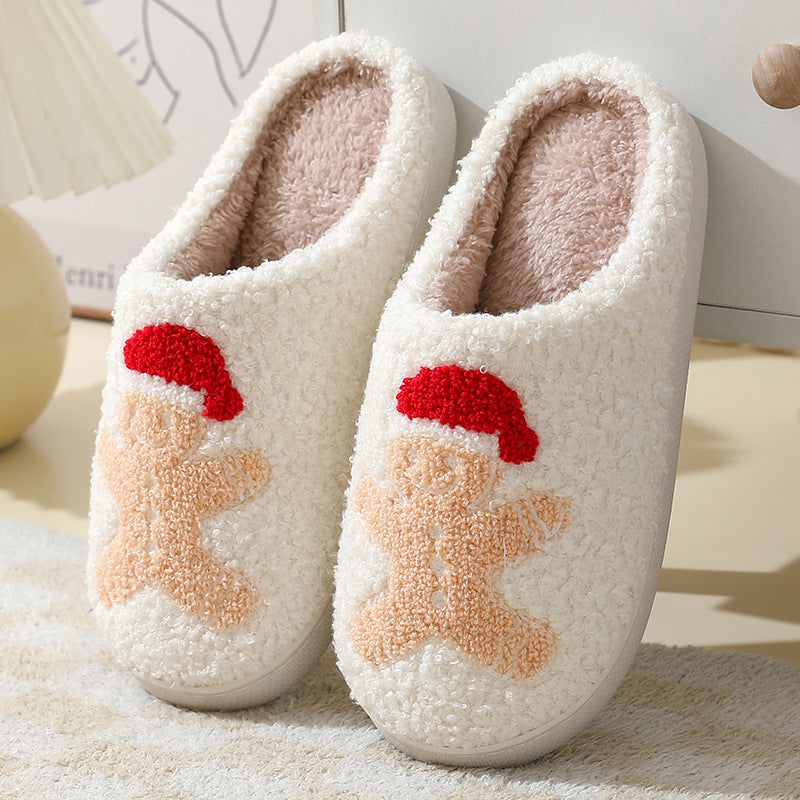 Christmas Home Slippers Cute Cartoon Santa Claus Cotton Slippers For Women And Men Couples Winter Warm Furry Shoes - Nyaabs