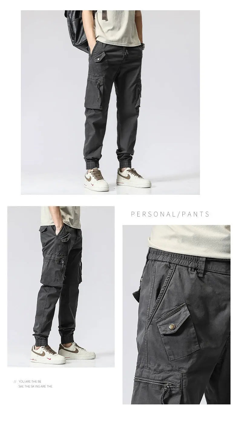 Casual Pants Trendy Brand Elastic Waist Men's Youth Simple Pure Cotton Multi-pocket Work Pants Trousers Ankle-tied - Nyaabs