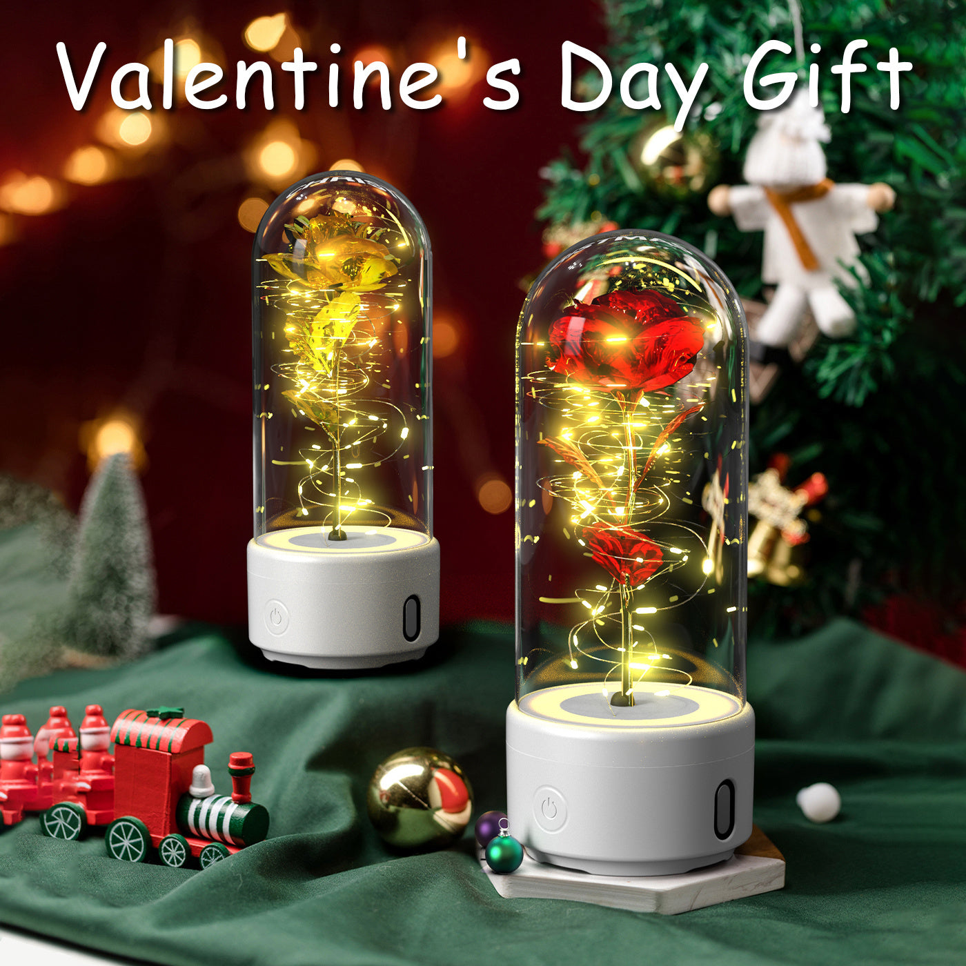 Creative 2 In 1 Rose Flowers LED Light And Bluetooth Speaker Valentine's Day Gift Rose Luminous Night Light Ornament In Glass Cover - Nyaabs