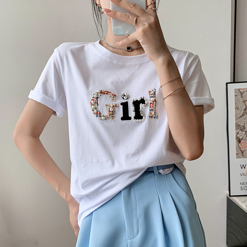 Printed T-shirt Korean Style Versatile Half Sleeve Top - Nyaabs