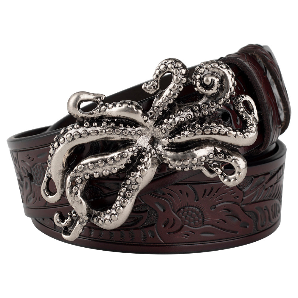 Animal Octopus Smooth Buckle Tang Grass Embossed Leisure Belt - Nyaabs