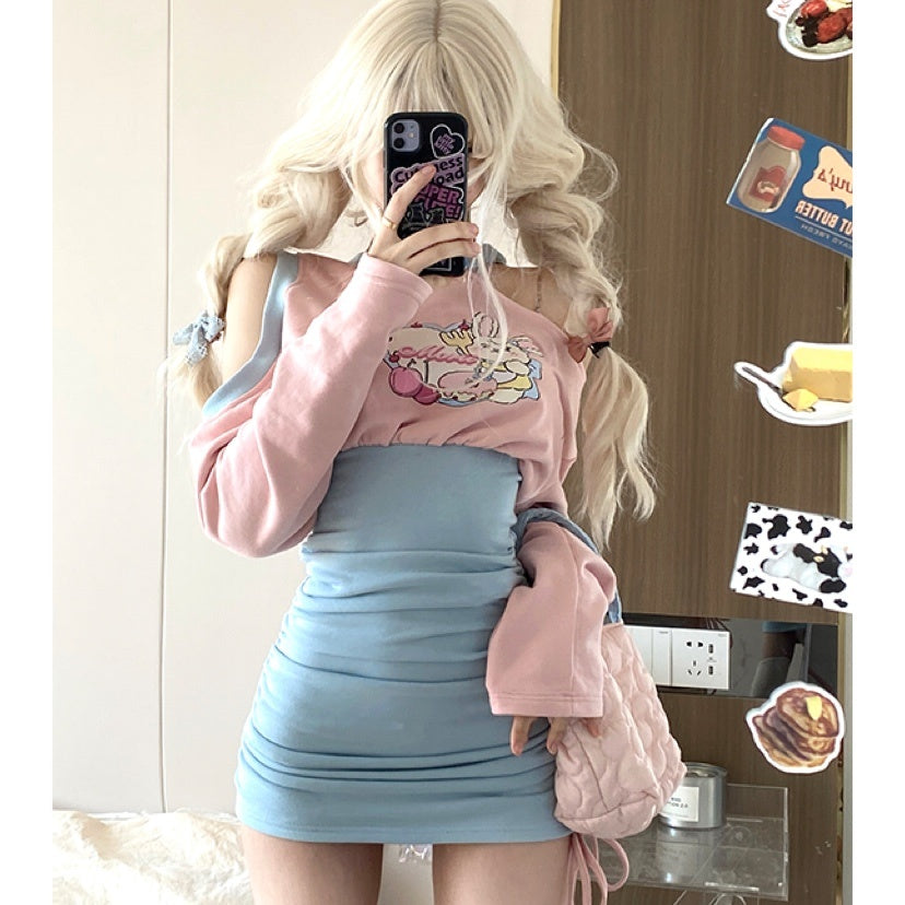 Women's Pink Blue Long Sleeved Slimming Waist Dress - Nyaabs