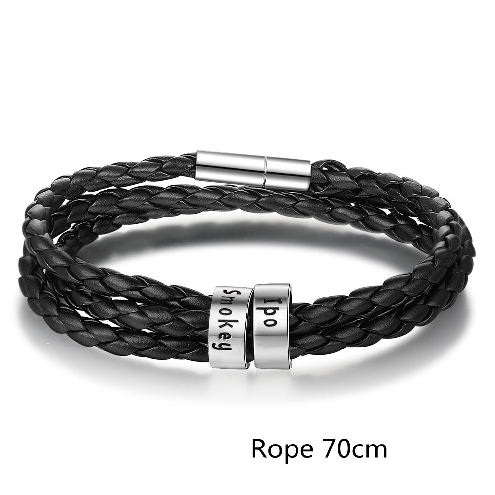 Personalized Mens Braided Genuine Leather Bracelet Stainless Steel Custom Beads Name Charm Bracelet For Men With Family Names - Nyaabs