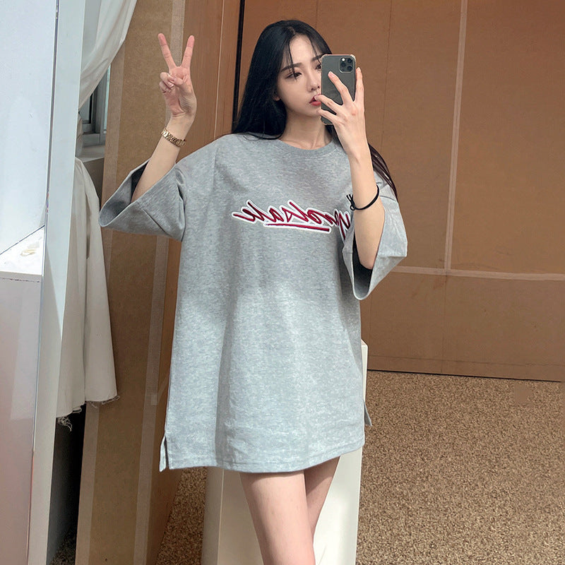 Round Neck Cotton Letter Embroidery Half Sleeve Couple T Shirt - Nyaabs