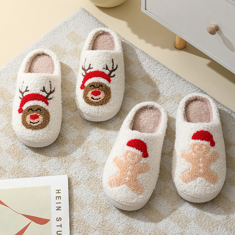 Christmas Home Slippers Cute Cartoon Santa Claus Cotton Slippers For Women And Men Couples Winter Warm Furry Shoes - Nyaabs