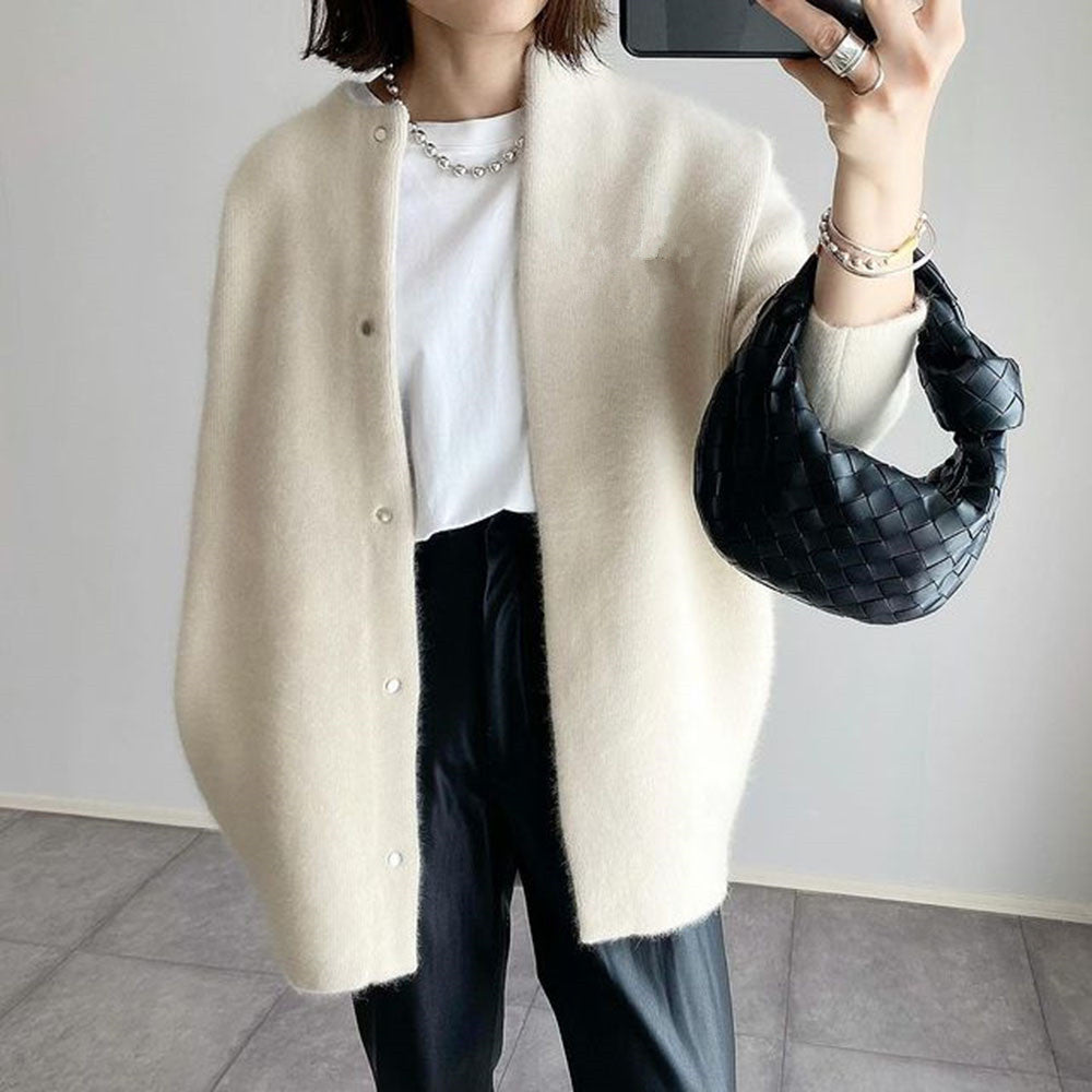 Loose Round Neck Single Breasted Cardigan Fashion Solid Color Coat Jacket Autumn And Winter Women's Clothing - Nyaabs