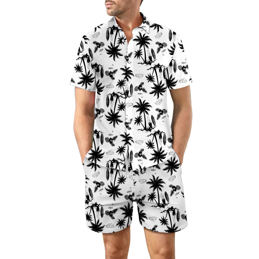 2Pcs Printed Beach Shirt Summer Suit Loose Lapel Button Top And Drawstring Pockets Shorts Casual Short Sleeve Suits For Men Clothing - Nyaabs