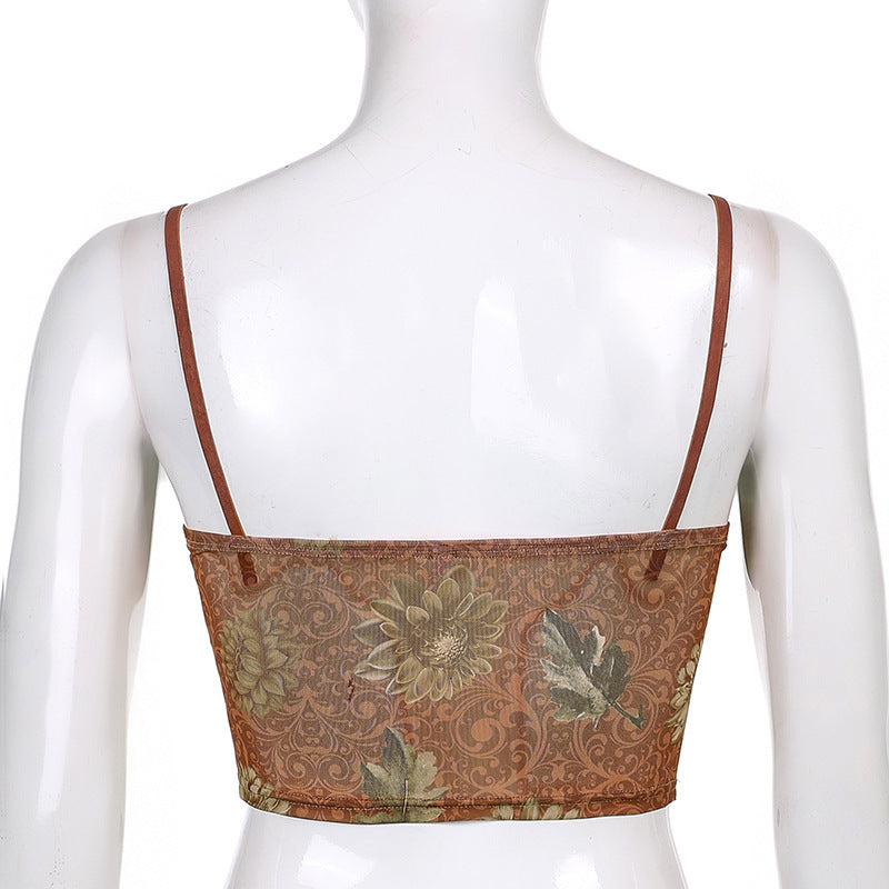 Bohemian Niche Printed Mesh Brown Underwear Spaghetti-strap Slip - Nyaabs