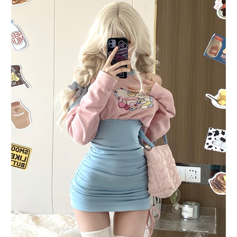 Women's Pink Blue Long Sleeved Slimming Waist Dress - Nyaabs