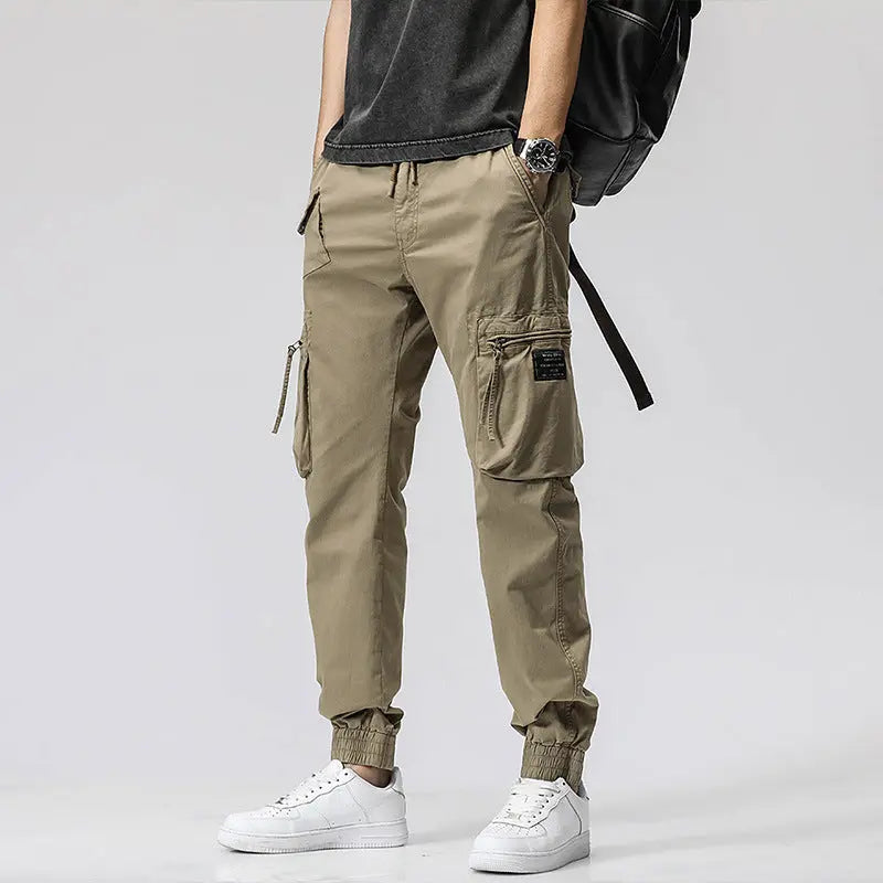 Casual Pants Trendy Brand Elastic Waist Men's Youth Simple Pure Cotton Multi-pocket Work Pants Trousers Ankle-tied - Nyaabs