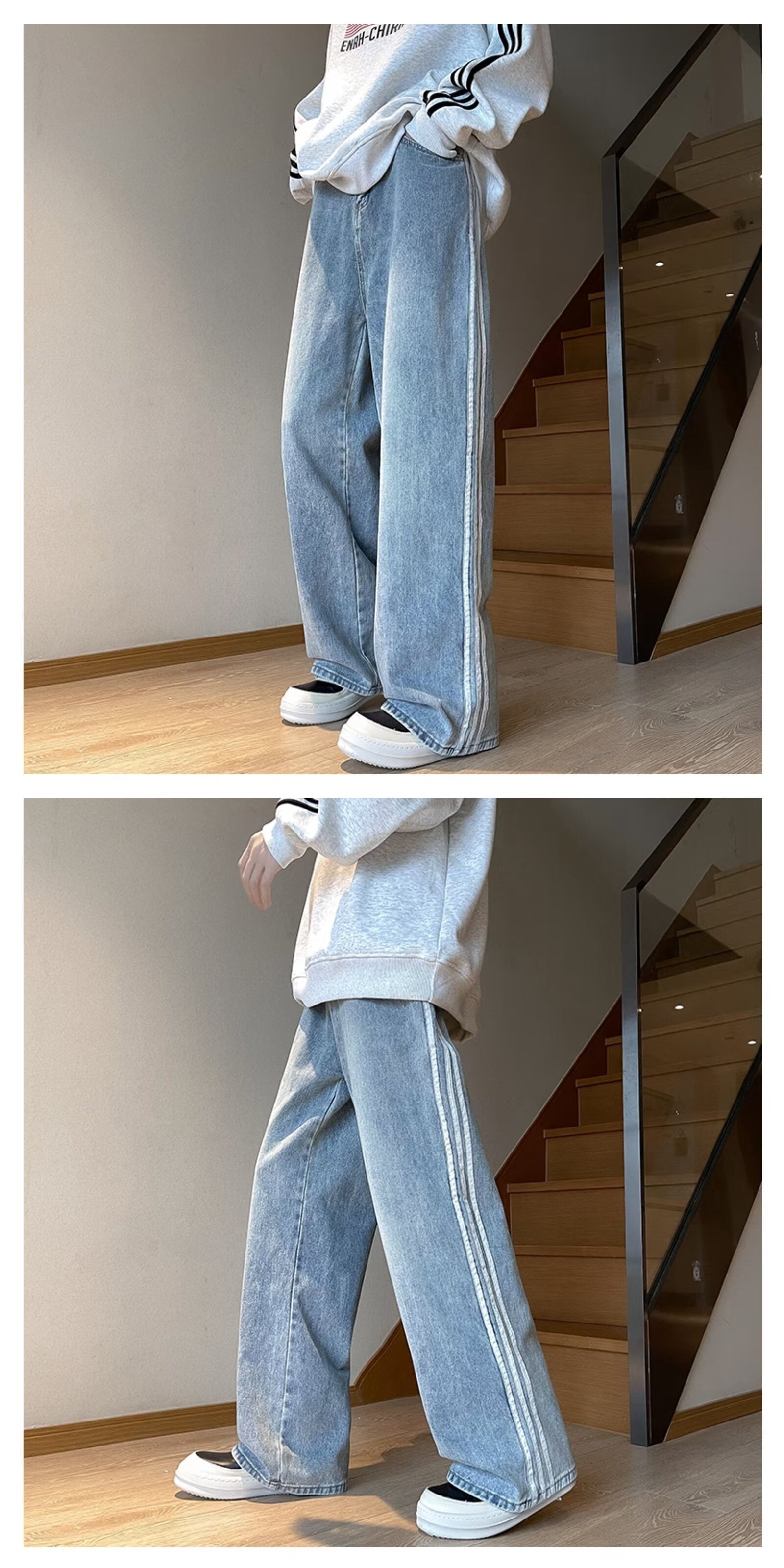 Retro Three-bar Straight Casual All-matching Wide Leg High Street Jeans For Men - Nyaabs