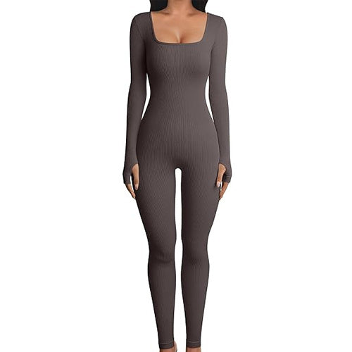 Women's Yoga Sports Fitness Jumpsuit Workout Long Sleeve Square Collar Clothing - Nyaabs