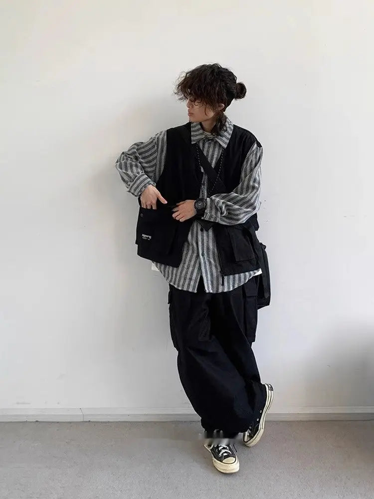 Japanese-style Retro Striped Fake Two Pieces Vest Workwear Shirt Plus Overalls Suit Men's Casual Simple - Nyaabs