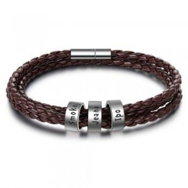 Personalized Mens Braided Genuine Leather Bracelet Stainless Steel Custom Beads Name Charm Bracelet For Men With Family Names - Nyaabs