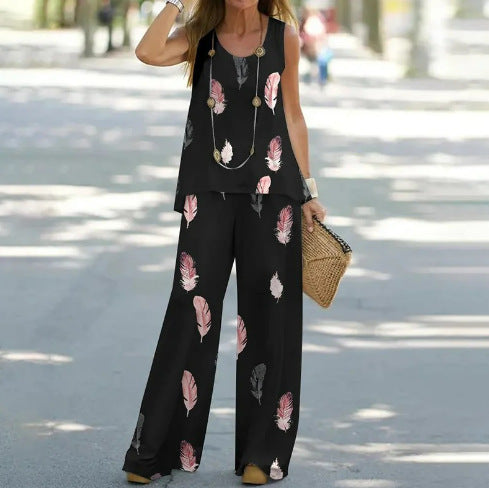 Women's Fashion Printed Casual Vest Trousers Two-piece Suit - Nyaabs