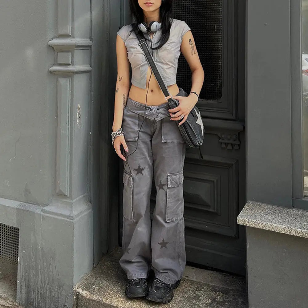 Street Retro Low Rise Denim Cargo Pants - Nyaabs