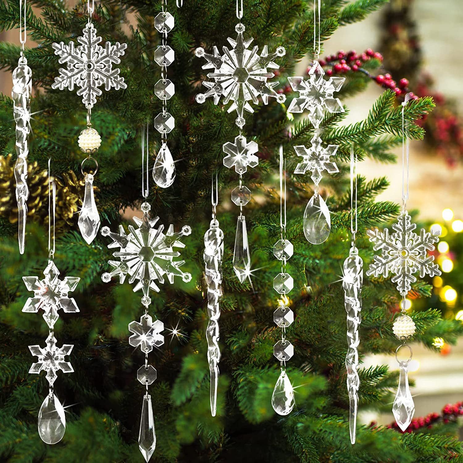 10pcs Christmas Tree Hanging Pendants Acrylic Ice Strip Snow Ceiling Xmas Ornaments New Year Christmas Decoration Home Decor - Nyaabs