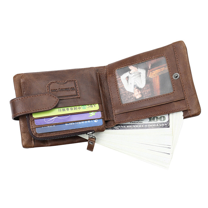 First Layer Cowhide Men's Wallet Vintage Zipper Buckle Leather Short Wallet - Nyaabs