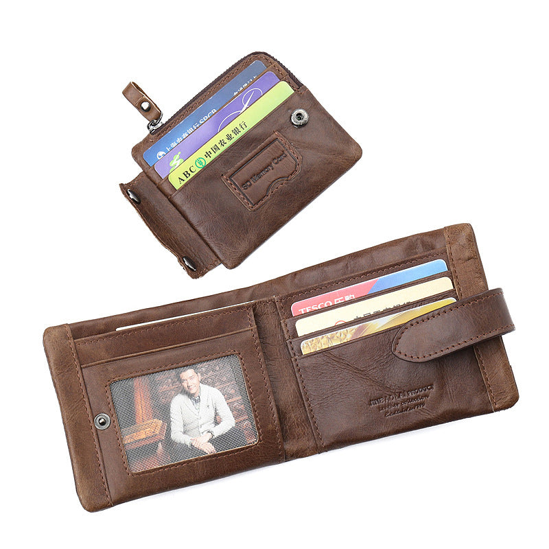 First Layer Cowhide Men's Wallet Vintage Zipper Buckle Leather Short Wallet - Nyaabs