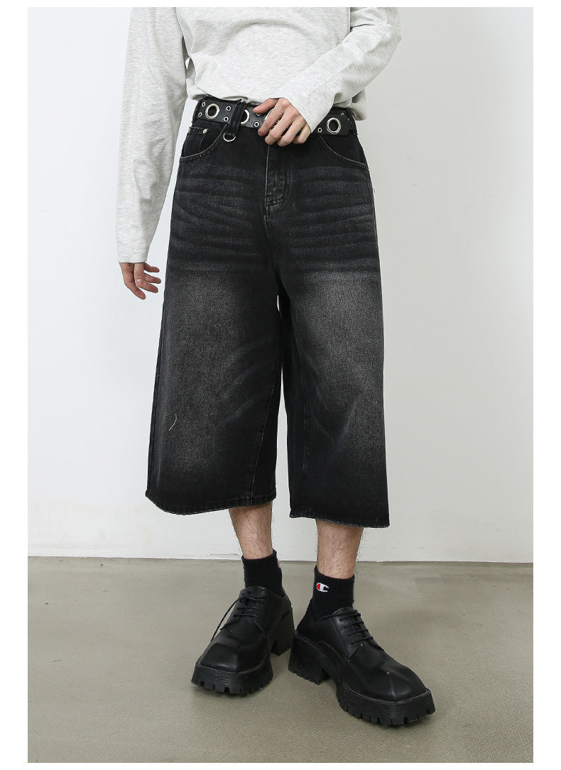 American Black Gray Loose Trousers Loose Denim Cropped Pants - Nyaabs