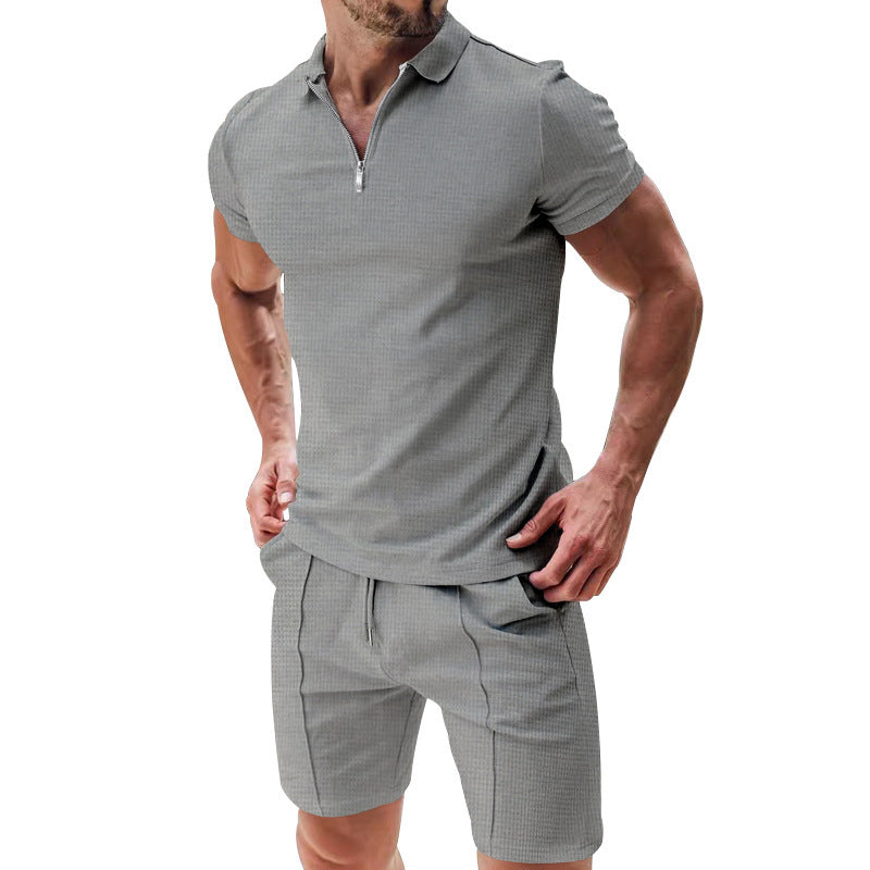 2Pcs Casual Waffle Suit Summer Zipper Lapel Short-sleeved Top And Drawstring Pockets Shorts Versatile Solid Color T-shirt Set For Mens Clothing - Nyaabs