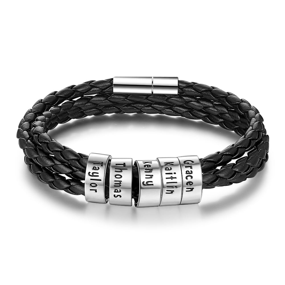 Personalized Mens Braided Genuine Leather Bracelet Stainless Steel Custom Beads Name Charm Bracelet For Men With Family Names - Nyaabs