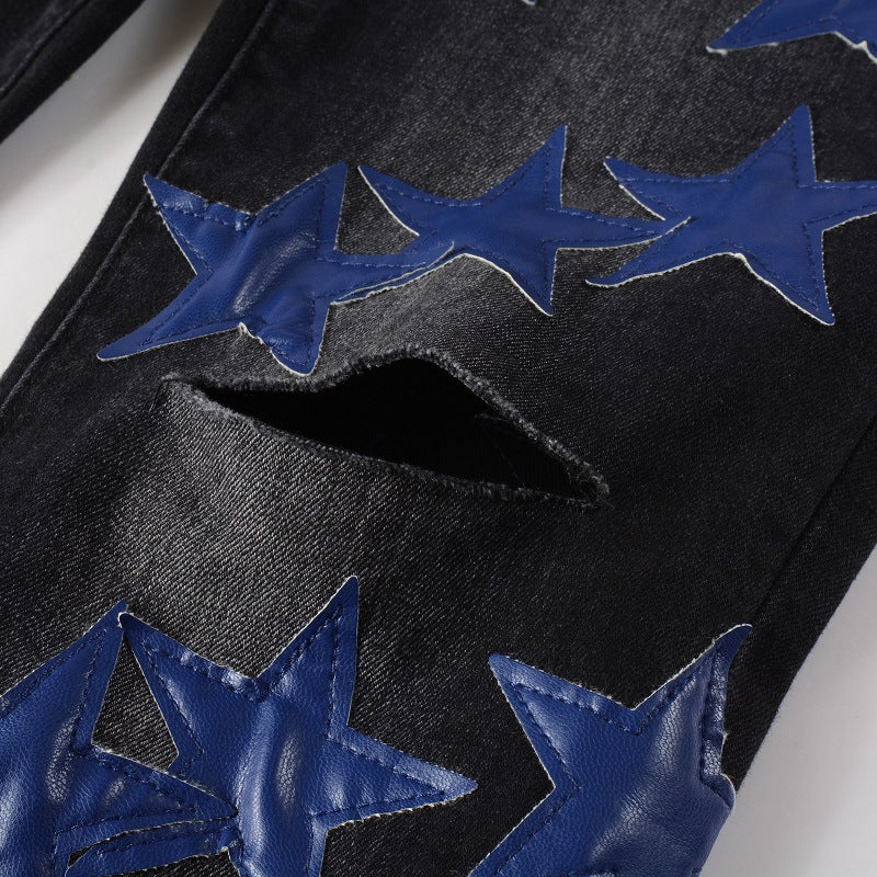 High Street Leather Dark Blue Star Trendy High Craft Stretch Slim Jeans - Nyaabs