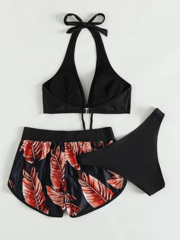 3pcs Leaf Print Bikini With Shorts Fashion Summer Beach Swimsuit Womens Clothing - Nyaabs