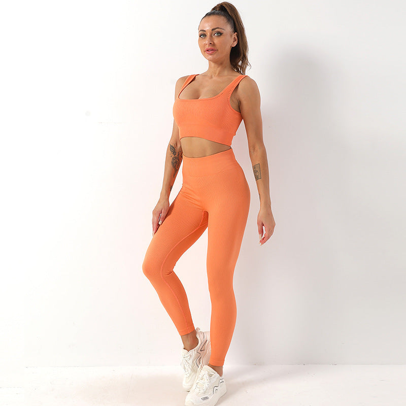 2pcs Thread Yoga Suit Seamless Bra And Butt Lifting High Waist Leggings Set For Women Sports Fitness Yoga Pants Sportswear Outfits Clothing - Nyaabs