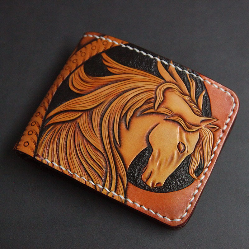 First Layer Cowhide Handmade Leather Carving Wallet Short Carp Couple Gift - Nyaabs