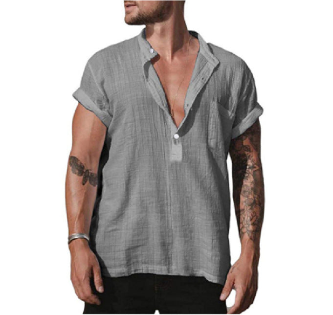 Loose Stand Neck Solid Color Pocket Short Sleeve Shirt My Store