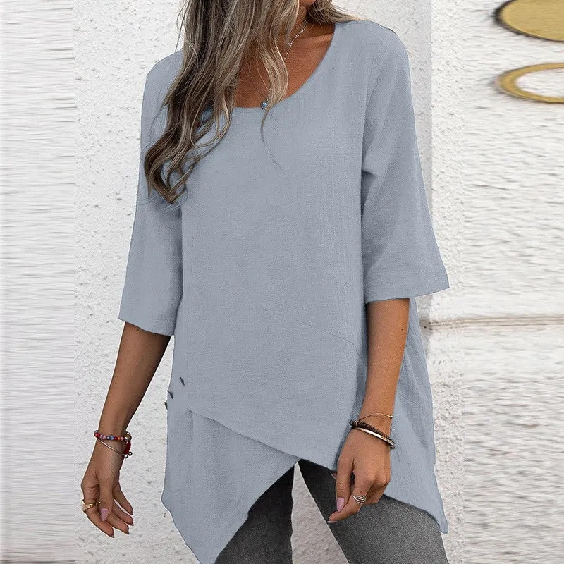 Cotton Linen Round-neck Irregular Shirt Half Sleeve Shirt - Nyaabs