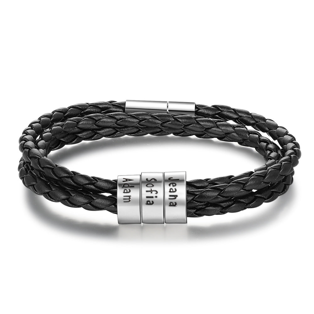 Personalized Mens Braided Genuine Leather Bracelet Stainless Steel Custom Beads Name Charm Bracelet For Men With Family Names - Nyaabs