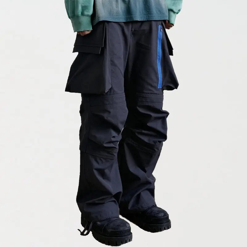 Multi-pocket Contrast Zip Casual Baggy Pants - Nyaabs